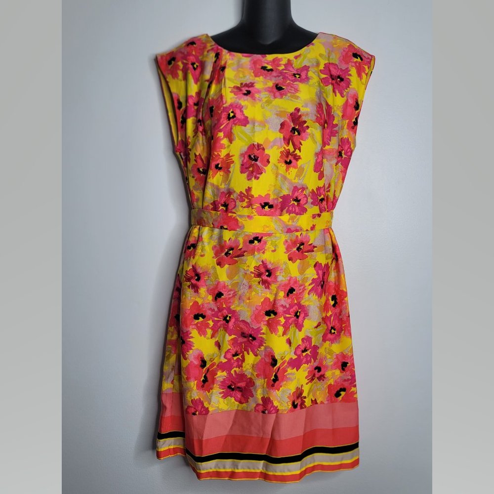 Ann Taylor Loft Floral Print Dress Tie Waist Yellow Pink Spring Flowers 6 Womens